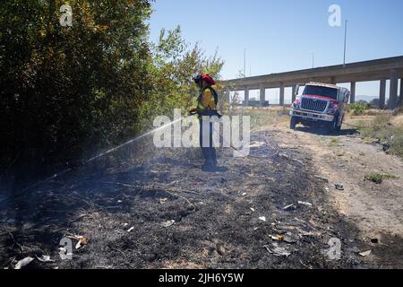 Richmond, Stati Uniti. 15th luglio 2022. Un vigile del fuoco usa l'acqua per spegnere il fuoco della spazzola a Richmond. I vigili del fuoco rispondono a un fuoco a spazzola a Richmond, il fuoco a spazzola è iniziato intorno alle 1:22 ed è stato contenuto dalle 2 p.m. la causa del fuoco è la combustione aperta dei rifiuti nella zona. Credit: SOPA Images Limited/Alamy Live News Foto Stock