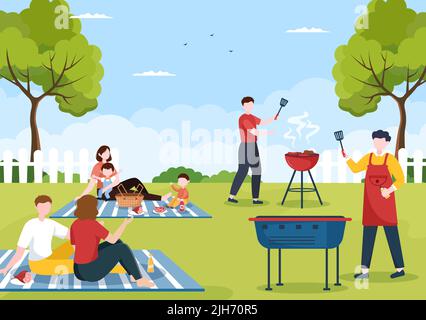 Barbecue o barbecue con bistecche alla griglia, tostapane, salsiccia, pollo, verdure e persone in picnic o festa nel parco in Flat Cartoon Illustration Illustrazione Vettoriale