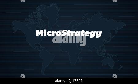 Banner MicroStrategy incorporato con mappa del mondo su sfondo scuro. Azienda che acquista bitcoins e altre monete digitali e spinge il mercato in su. Vettore i Illustrazione Vettoriale