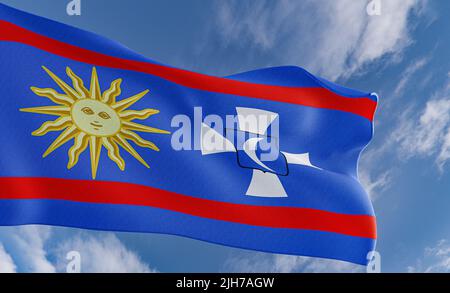 Bandiera di Vinnytsia, prega per la regione di Vinnytsia dell'Ucraina, prega per l'Ucraina, bandiera la regione di Ucraina e il cielo blu sfondo, 3D lavoro e 3D illustrazione Foto Stock