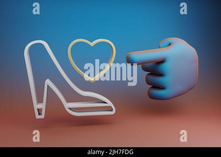 Belle illustrazioni astratte mano indice punti dito a Wedding Shoes con simbolo di cuore icona su uno sfondo multicolore luminoso. 3d visualizzazione illu Foto Stock