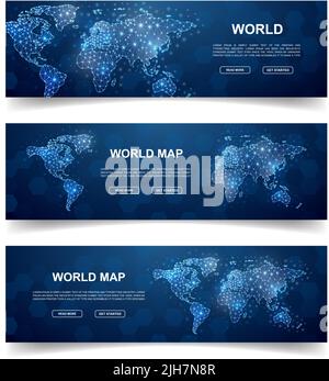 Set di tre striscioni orizzontali della Mappa del mondo. Illustrazione orizzontale per il disegno della homepage, banner. Terra pianeta basso simboli poly con punti collegati Illustrazione Vettoriale