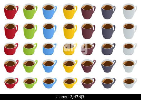Diversi tipi isometrici di tazze di caffè o tè. Set tipi di caffè, illustrazione isolata. Illustrazione Vettoriale