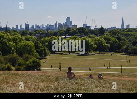 Londra, Regno Unito. 16th luglio 2022. Una manciata di persone sunbatthe su Primrose Hill, mentre l'ufficio MET emette il suo primo avvertimento rosso in assoluto sul calore estremo nei prossimi giorni. Credit: Vuk Valcic/Alamy Live News Foto Stock