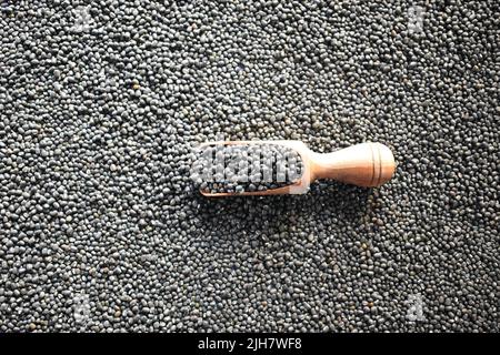 Lenticchie crude intere secche nere URAD Foto Stock