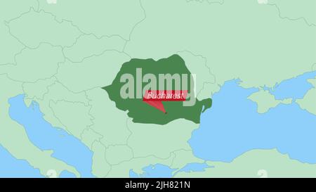Mappa della Romania con pin della capitale del paese. Mappa Romania con paesi vicini di colore verde. Illustrazione Vettoriale