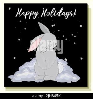 Buone feste 2023 segno zodiaco, anno del coniglio. Simpatico personaggio di coniglio su sfondo nero. Poster di Natale. Illustrazione Vettoriale