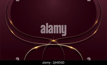 Astratto 3D forme d'onda rosse strato e linee dorate con linee d'oro lucido effetto luce su sfondo rosso modello di lusso stile. Illustrazione vettoriale Illustrazione Vettoriale