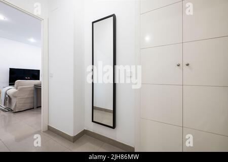 Distributore di una casa con armadio a muro con porte in legno bianco, specchio con cornice nera e accesso a una camera con TV Foto Stock