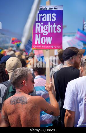 Trans Pride Brighton & Hove protesta marcia elaborazione lungo il lungomare, Brighton & Hove. La lettura della targhetta TRANS ORA. 16 luglio 2022. Credit: J. Marshall / Alamy Live News Foto Stock
