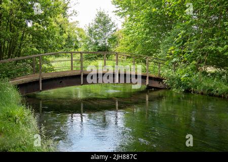 Ponte rustico in legno e metallo su un bel fiume di gesso in Hampshire Inghilterra Foto Stock