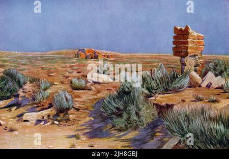 Questa immagine del 1910 mostra Qusayr 'Amra (anche scritto Quseir Amra e talvolta chiamato Qasr Amra. È il più noto dei castelli desertici situati nell'attuale Giordania orientale. Fu costruita tra il 723 e il 743, da Walid Ibn Yazid, il futuro califfo Umayyyad Walid II, la cui dominanza della regione era in ascesa all'epoca. E' considerato uno dei più importanti esempi di arte e architettura islamica. Foto Stock