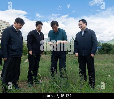 Lhasa, la regione autonoma cinese del Tibet. 12th luglio 2022. Li Zhanshu, membro del Comitato permanente dell'Ufficio politico del Comitato Centrale del Partito Comunista Cinese e presidente del Comitato permanente del Congresso Nazionale del Popolo, visita Nyingchi, Regione Autonoma del Tibet della Cina sudoccidentale, 12 luglio 2022. Li ha fatto un giro di ricerca nella regione autonoma del Tibet della Cina sudoccidentale relativo alla legislazione sulla protezione ecologica dell'altopiano Qinghai-Tibet da martedì a venerdì. Credit: Yuyuyuyuyuyuyuyuyuyuyuyuyuyuyuyuy Foto Stock