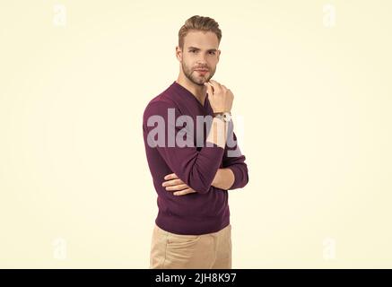 Ottieni il tuo volto più bello di sempre. Man touch rasa il mento. Cura della barba. Barbiere. Cura della pelle Foto Stock