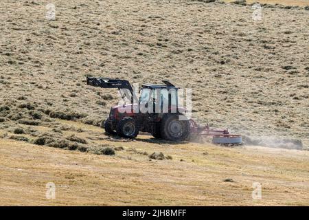 Selkirk, Regno Unito. , . Gli agricoltori fanno buon uso del recente incantesimo del bel tempo, facendo fieno mentre il sole brilla, fieno che si spezza e ballare in una fattoria vicino a Lindean, Selkirk Sabato 16 luglio 2022. ( Credit: Rob Grey/Alamy Live News Foto Stock