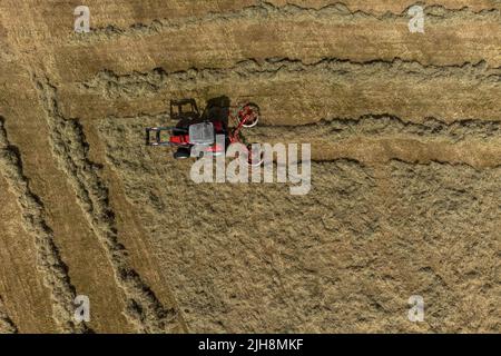 Selkirk, Regno Unito. , . Gli agricoltori fanno buon uso del recente incantesimo del bel tempo, facendo fieno mentre il sole brilla, fieno che si spezza e ballare in una fattoria vicino a Lindean, Selkirk Sabato 16 luglio 2022. ( Credit: Rob Grey/Alamy Live News Foto Stock