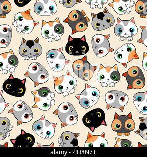 Un modello senza cuciture di gatti carini kitty in stile kawaii Illustrazione Vettoriale