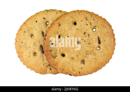 Vista superiore del cracker di frumento. Un unico pezzo intero pasto biscotto di avena isolati su sfondo bianco. Foto Stock