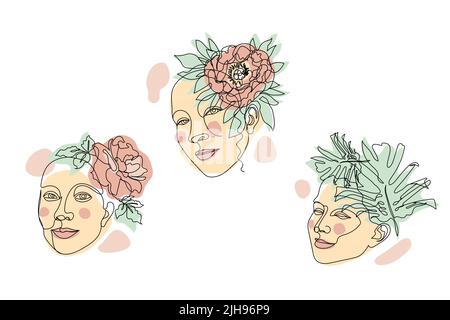 Set di disegni a linea singola di facce di bambina con fiori e forme pastello neutre Illustrazione Vettoriale