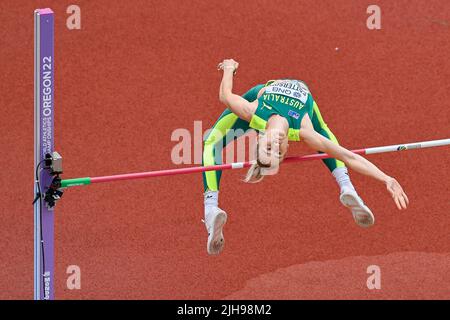 EUGENE, STATI UNITI d'AMERICA - LUGLIO 16: Eleanor Patterson d'Australia che gareggia sul Women's High Jump durante i Campionati mondiali di atletica il 16 luglio 2022 ad Eugene, Stati Uniti (Foto di Andy Astfalck/BSR Agency) Foto Stock