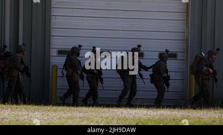 Marines con la flotta Marine Force effettua un consiglio remoto e assiste l'esercizio con l'assistenza di Marine Raiders con Marine Forces Special Operations Command durante RAVEN, 25 aprile 2022. RAVEN è un esercizio di formazione tenuto per valutare tutti gli aspetti di una Marine Special Operations Company prima di una distribuzione di operazioni speciali. (STATI UNITI Foto del corpo marino di Lance CPL. Brandon Marrero) Foto Stock