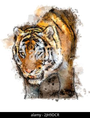 Pittura astratta digitale di una tigre che cammina Foto Stock