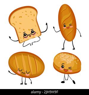 carino personaggi kawaii, prodotti da forno. Baguette, pane, pane con braccia e gambe vettore Illustrazione Vettoriale