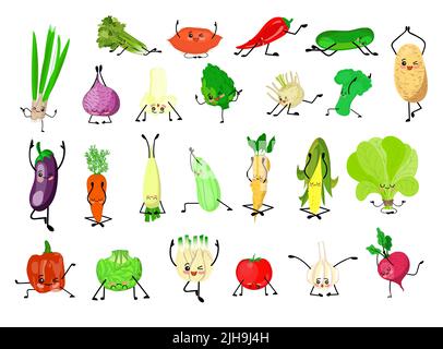 simpatici personaggi kawaii. Un insieme grande di verdure. Yoga e sport. Stile di vita sano. Adesivi vegetali Illustrazione Vettoriale