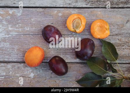 Primo piano composizione estiva fatta di prugne fresche mature e albicocche su vecchio tavolo di legno. Concetto di cibo in stile retrò. Foto Stock