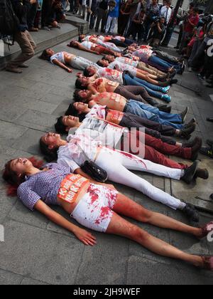 Lima Perù . Maggio 26, Un picchetto di attivisti protestò di fronte al palazzo del governo contro la candidatura di Keiko Fujimori. Un gruppo di donne con vestiti strappati e macchiati con vernice rossa protestato nella piazza principale anche in piazza San Martin, avevano pancartes con lo slogan "mangiare per lo stato Narco" e sono stati sfrattati dalla polizia. Foto Stock