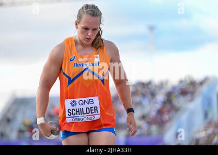 EUGENE, STATI UNITI - LUGLIO 16: Jessica Schilder dei Paesi Bassi che gareggia su Women's Shot Put durante i Campionati mondiali di atletica il 16 luglio 2022 a Eugene, Stati Uniti (Foto di Andy Astfalck/BSR Agency) Atletiekunie Foto Stock