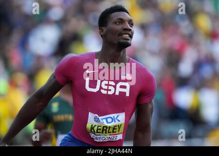 Fred Kerley degli Stati Uniti durante la finale maschile del 100m del secondo giorno del World Athletics Championships at Hayward Field, University of Oregon negli Stati Uniti. Data foto: Sabato 16 luglio 2022. Foto Stock