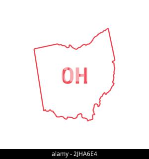 Ohio Stati Uniti mappa contorno rosso bordo. Illustrazione isolato su bianco. Abbreviazione di stato di due lettere. Foto Stock