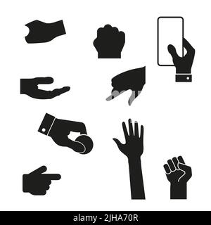 Le mani umane gesture semplice silhouette icone set. Illustrazione piatta isolata su sfondo bianco. Foto Stock