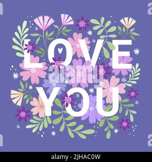 Poster quadrato design floreale trendy con l'iscrizione VI PIACE in colori molto peri lavanda. Biglietto d'auguri o invito perfetto. Foto Stock