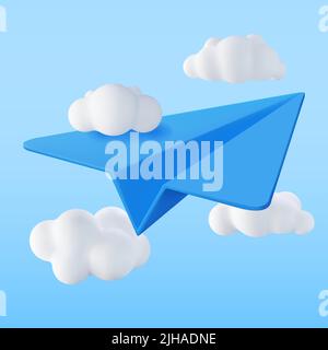 3D aereo di carta blu in cielo con nuvole Illustrazione Vettoriale