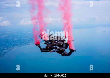 Selfridge Air National Guard Bas, Michigan, USA. 8th luglio 2022. I membri del team di paracadute dell'esercito statunitense si sono formati in caduta libera per un salto dimostrativo alla base della Guardia Nazionale aerea di Selfridge il 8 luglio 2022. Il salto è in anticipo rispetto al Selfridge Open House and Air Show il 9 e 10 luglio. Credit: U.S. Army/ZUMA Press Wire Service/ZUMAPRESS.com/Alamy Live News Foto Stock