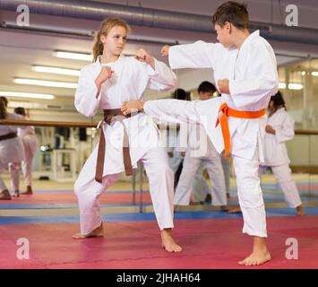 Giovani adolescenti positivi che praticano il nuovo karate si muovono a coppie in classe Foto Stock