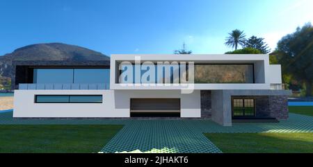 Accogliente villa high-tech con tetto piatto. Ingresso alla casa e garage. Pareti bianche. Finitura in ardesia grigia. Cielo blu soleggiato. 3d rendering. Foto Stock