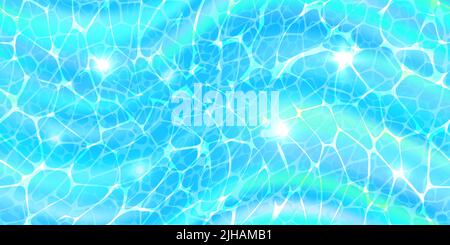 Vista dall'alto della superficie dell'acqua motivo senza giunture con riflessi luce solare, increspature caustiche e onde. Texture acqua blu chiaro. Brillante vettore estate tim Illustrazione Vettoriale
