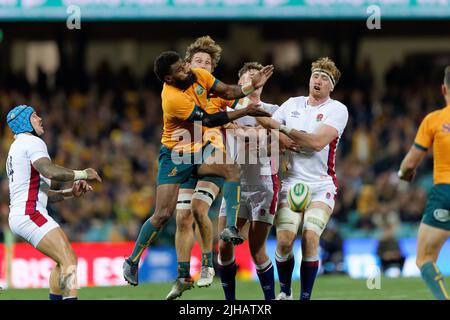 SYDNEY, AUSTRALIA - LUGLIO 16: Marika Koroibete dei Wallabies non riesce a catturare la palla durante il gioco tre della serie International Test Match tra i Wallabies australiani e l'Inghilterra al SCG il 16 luglio 2022 a Sydney, Australia Credit: IOIO IMAGES/Alamy Live News Foto Stock