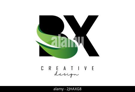 Illustrazione vettoriale delle lettere astratte BX b x con fiamme e disegno di Swoosh verde. Logo Letters con taglio e forma creativa. Illustrazione Vettoriale