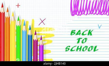 Ritorno a scuola - taccuino con matite colorate e scribble. Modello per il tuo progetto. Vettore Illustrazione Vettoriale
