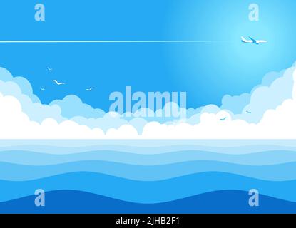 Aereo che vola nel cielo blu con le nuvole sul mare blu. Piano bianco sull'oceano blu. Illustrazione, sfondo vettoriale Illustrazione Vettoriale