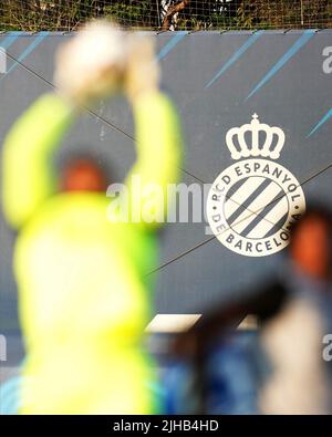 RCD Espanyol scudo durante la amichevole partita tra RCD Espanyol e Montpellier Herault Sport Club giocato al Ciutat Deportiva Dani Jarque il 16 luglio 2022 a Barcellona, Spagna. (Foto di Bagu Blanco / PRESSINPHOTO) Foto Stock