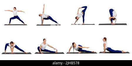 Collezione Set esercizi di yoga. Donna che pratica yoga su tappeto yoga e mostra diverse pose per l'allenamento, isolato su sfondo bianco Foto Stock