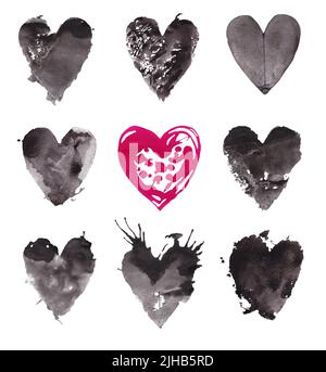 Set di forme diverse di cuore nero disegnato a mano. Logo nero design heart template collection per design grafico. Foto Stock