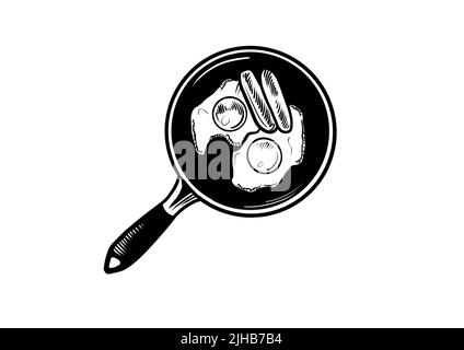 Padella Pan Egg Sausages Illustrazione Grafica Art. Colazione Minimal Ink Design. Foto Stock