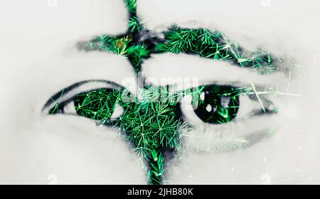 Doppia esposizione occhi di una coppia combinato con fotografia di verde, foglie, uomo e donna occhi primo piano Foto Stock