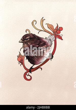 Twite Art Nouveau Illustrazione contemporanea. Finch disegno Neo tradizionale Tattoo Art. Foto Stock